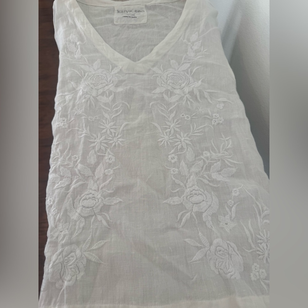 Karyn Seo Roxy Tonal Floral Embroidered V-Neck Linen Elbow Sleeve Boxy Top Small - Picture 5 of 11